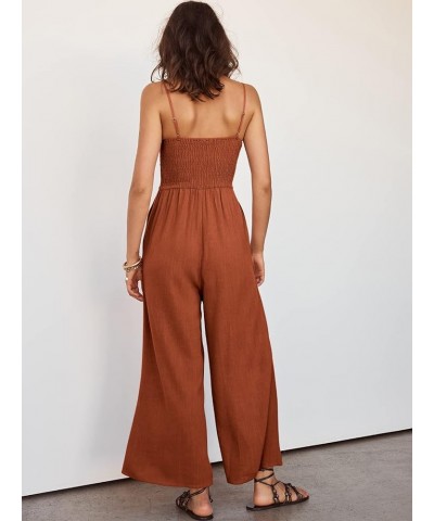 Women's Summer Casual Spaghetti Straps Sleeveless V Neck Cutout High Waist Wide Leg Jumpsuits Rompers with Pockets Rust $25.6...