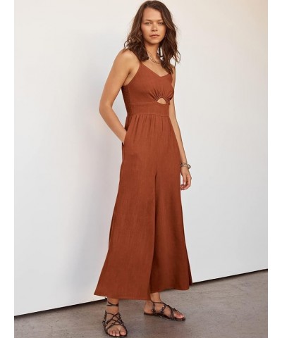 Women's Summer Casual Spaghetti Straps Sleeveless V Neck Cutout High Waist Wide Leg Jumpsuits Rompers with Pockets Rust $25.6...