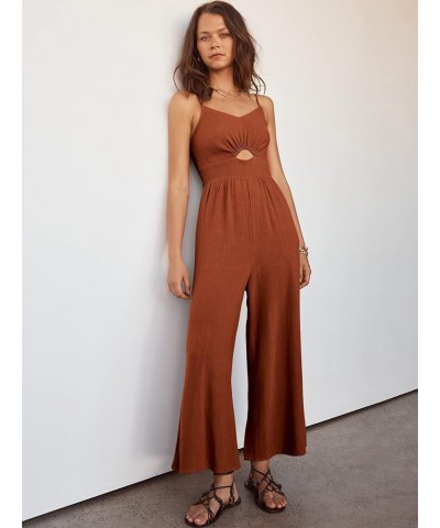 Women's Summer Casual Spaghetti Straps Sleeveless V Neck Cutout High Waist Wide Leg Jumpsuits Rompers with Pockets Rust $25.6...