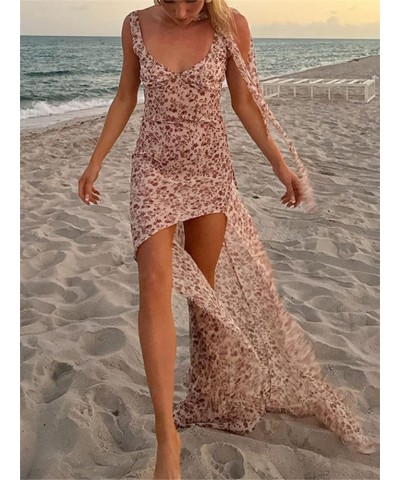 Women Y2k Floral Spaghetti Strap Maxi Dress Low Cut Backless Bodycon Long Dress Sexy Elegant Vintage Club Party Dress F Pink ...