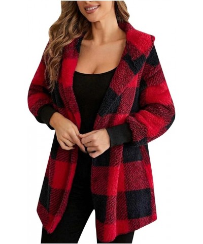 Womens Fuzzy Fleece Jacket Plaid Fuzzy Sherpa Thermal Coat Casual Fall Winter Warm Outwear Clothes B Red $6.04 Jackets