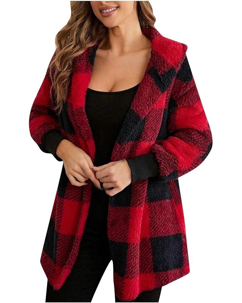 Womens Fuzzy Fleece Jacket Plaid Fuzzy Sherpa Thermal Coat Casual Fall Winter Warm Outwear Clothes B Red $6.04 Jackets