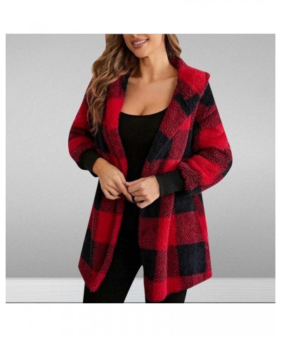 Womens Fuzzy Fleece Jacket Plaid Fuzzy Sherpa Thermal Coat Casual Fall Winter Warm Outwear Clothes B Red $6.04 Jackets