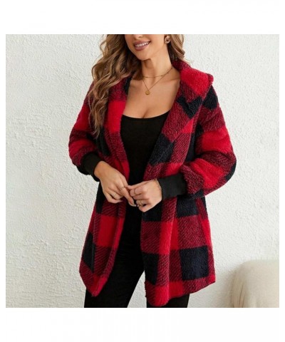 Womens Fuzzy Fleece Jacket Plaid Fuzzy Sherpa Thermal Coat Casual Fall Winter Warm Outwear Clothes B Red $6.04 Jackets