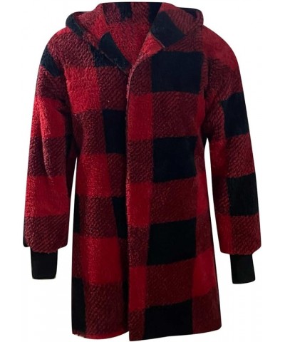 Womens Fuzzy Fleece Jacket Plaid Fuzzy Sherpa Thermal Coat Casual Fall Winter Warm Outwear Clothes B Red $6.04 Jackets