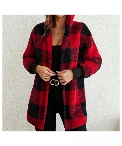 Womens Fuzzy Fleece Jacket Plaid Fuzzy Sherpa Thermal Coat Casual Fall Winter Warm Outwear Clothes B Red $6.04 Jackets