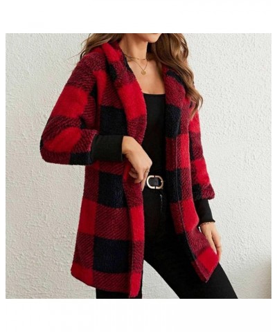 Womens Fuzzy Fleece Jacket Plaid Fuzzy Sherpa Thermal Coat Casual Fall Winter Warm Outwear Clothes B Red $6.04 Jackets