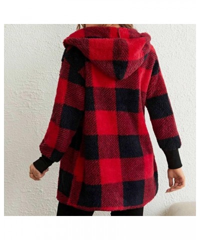 Womens Fuzzy Fleece Jacket Plaid Fuzzy Sherpa Thermal Coat Casual Fall Winter Warm Outwear Clothes B Red $6.04 Jackets