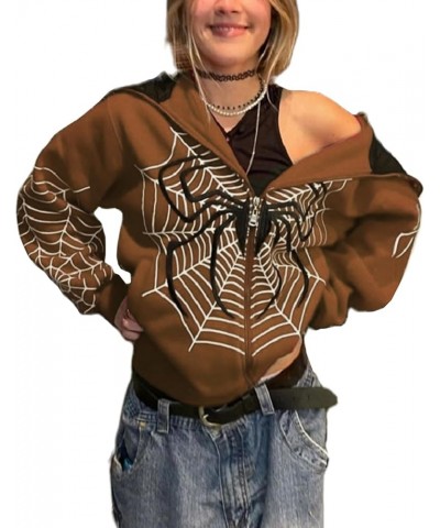 Women Y2K Spider Web Hoodies Punk Jackets Streetwear Goth Harajuku Oversized Vintage Graphic Full Zip Up Hoodie Brown $21.28 ...