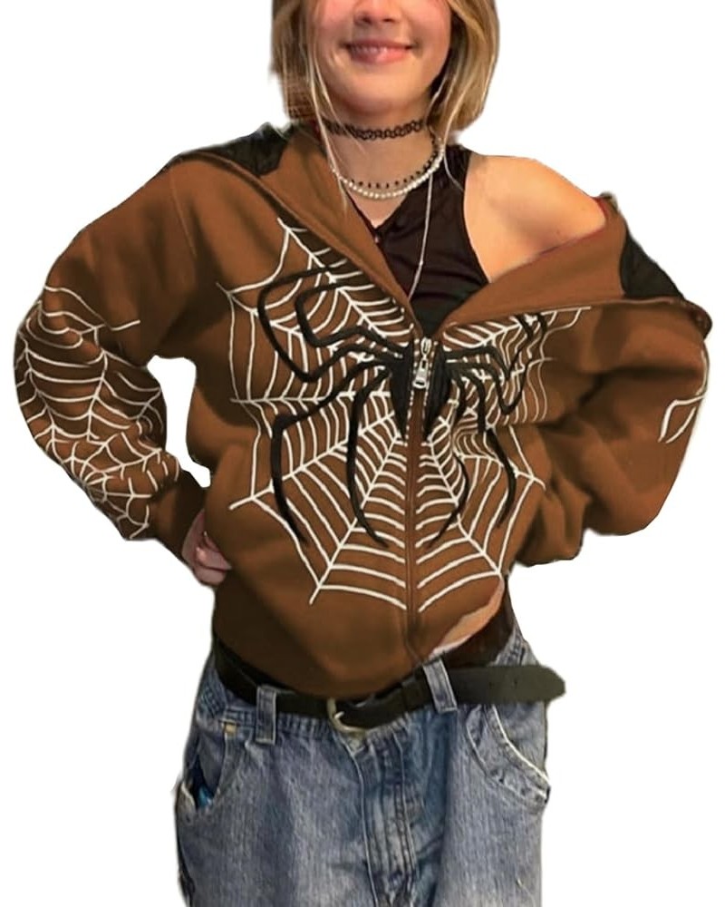 Women Y2K Spider Web Hoodies Punk Jackets Streetwear Goth Harajuku Oversized Vintage Graphic Full Zip Up Hoodie Brown $21.28 ...