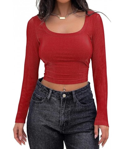 Y2k Skinny Long Sleeve Backless Crop Tops Square Neck Bodycon Shirts Cut Out Pullover Cami Streetwear You Ribbed-red $6.00 Tanks