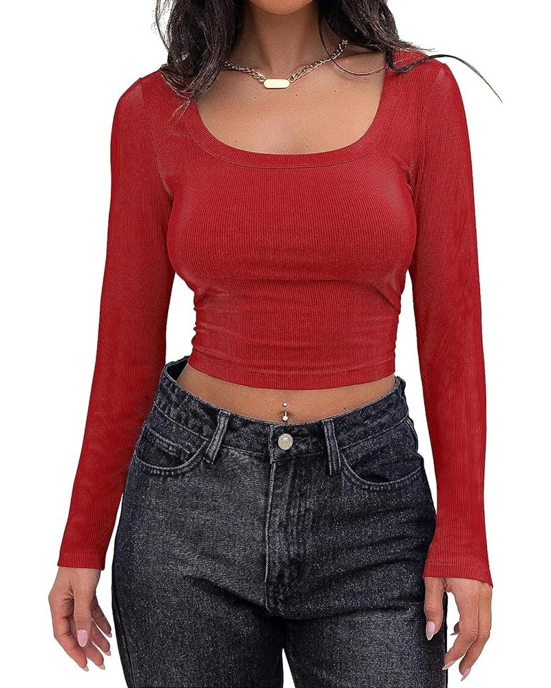 Y2k Skinny Long Sleeve Backless Crop Tops Square Neck Bodycon Shirts Cut Out Pullover Cami Streetwear You Ribbed-red $6.00 Tanks