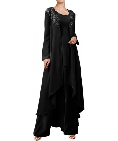 3 Pieces Mother of The Bride Dresses Pant Suits for Wedding Lace Chiffon Long Formal Gown Outfit Set with Jacket Black $33.60...