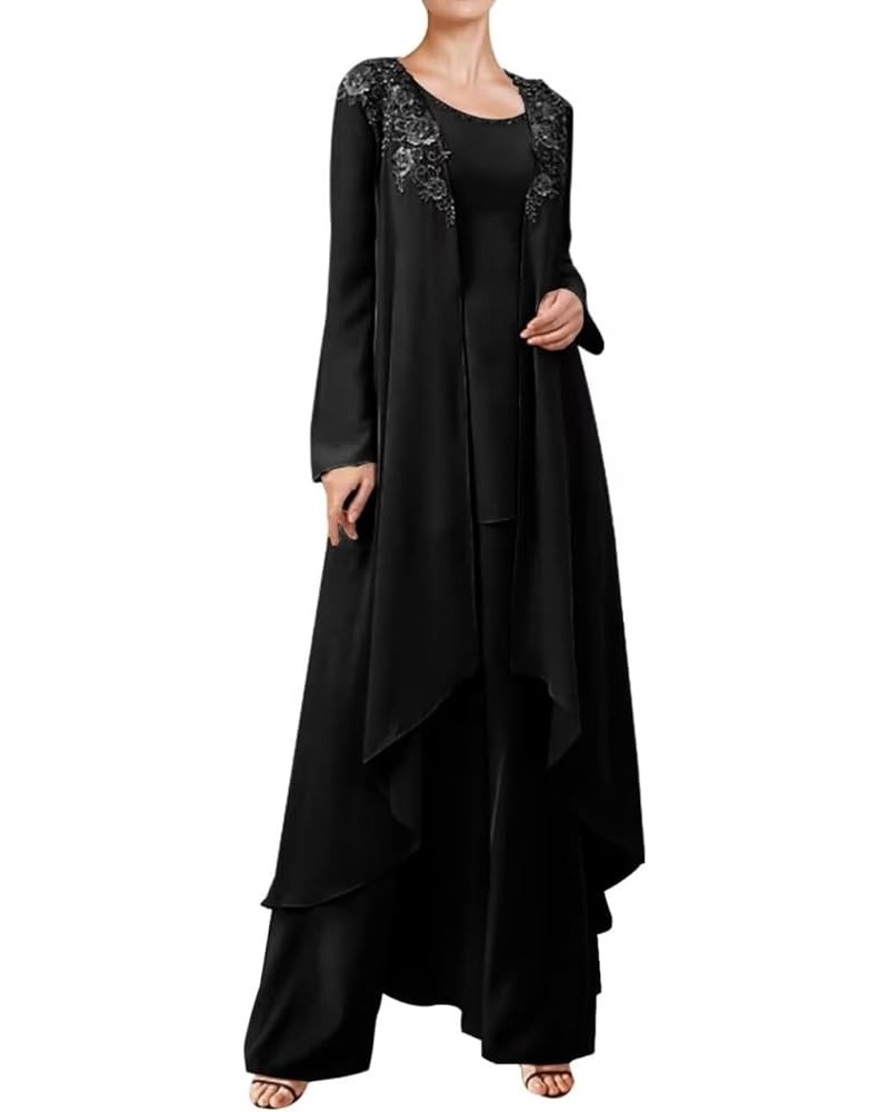 3 Pieces Mother of The Bride Dresses Pant Suits for Wedding Lace Chiffon Long Formal Gown Outfit Set with Jacket Black $33.60...