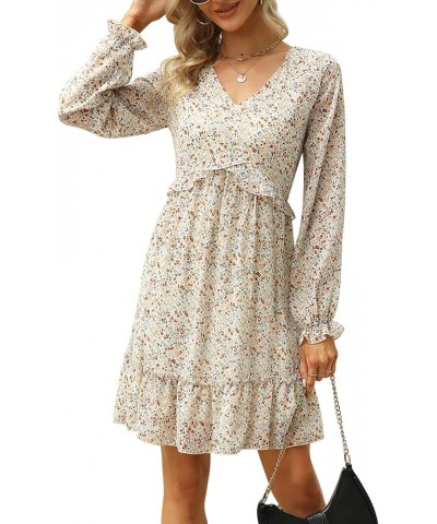 Womens V Neck Chiffon Long Lantern Sleeve Dress Casual Ruffle Boho A-Line Dresses MY117 117-beige Print $27.83 Dresses