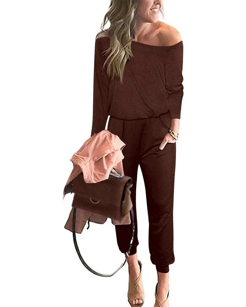 Women's Casual Long Sleeve Jumpsuit Crewneck Off Shoulder Elastic Waist Stretchy Romper Brown $25.19 Jumpsuits