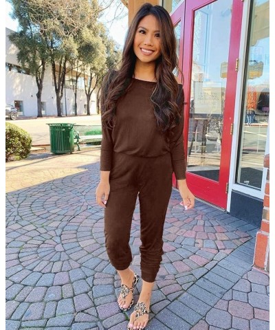 Women's Casual Long Sleeve Jumpsuit Crewneck Off Shoulder Elastic Waist Stretchy Romper Brown $25.19 Jumpsuits