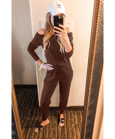 Women's Casual Long Sleeve Jumpsuit Crewneck Off Shoulder Elastic Waist Stretchy Romper Brown $25.19 Jumpsuits