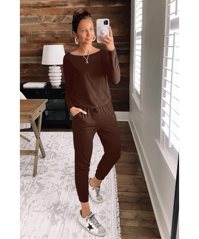 Women's Casual Long Sleeve Jumpsuit Crewneck Off Shoulder Elastic Waist Stretchy Romper Brown $25.19 Jumpsuits