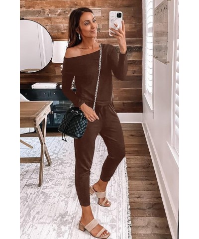 Women's Casual Long Sleeve Jumpsuit Crewneck Off Shoulder Elastic Waist Stretchy Romper Brown $25.19 Jumpsuits