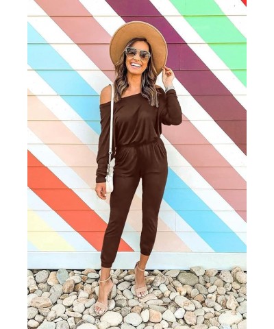 Women's Casual Long Sleeve Jumpsuit Crewneck Off Shoulder Elastic Waist Stretchy Romper Brown $25.19 Jumpsuits