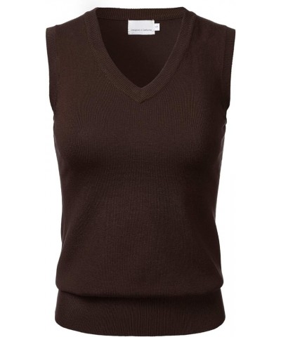 Women Solid Classic V-Neck Sleeveless Pullover Sweater Vest Top Fsw002_brown $12.99 Sweaters