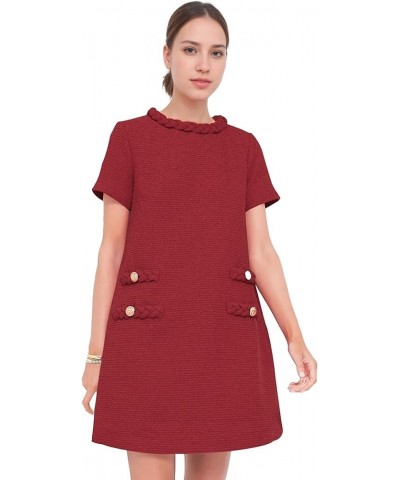 Womens Tweed Jackie Dress Elegant Crew Neck Short Sleeve Button Bodycon Mini Dress Red $20.80 Dresses