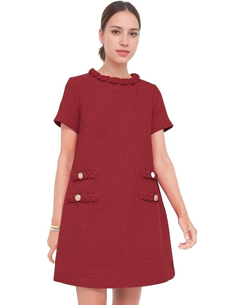 Womens Tweed Jackie Dress Elegant Crew Neck Short Sleeve Button Bodycon Mini Dress Red $20.80 Dresses