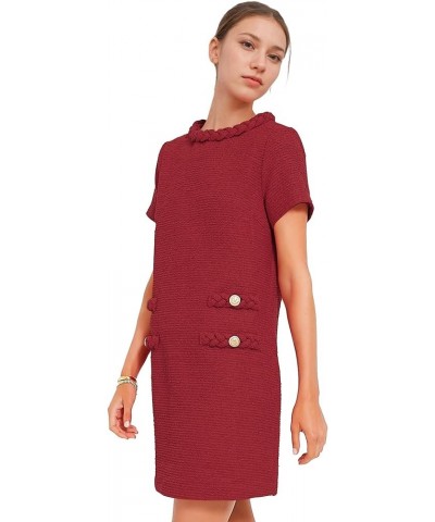 Womens Tweed Jackie Dress Elegant Crew Neck Short Sleeve Button Bodycon Mini Dress Red $20.80 Dresses