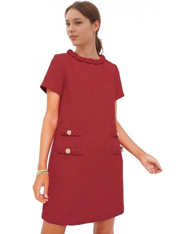 Womens Tweed Jackie Dress Elegant Crew Neck Short Sleeve Button Bodycon Mini Dress Red $20.80 Dresses