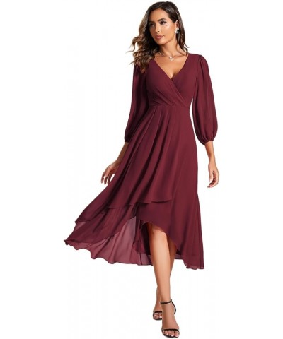 Women's Chiffon Spring V Neck Long Sleeves Pleated A-Line Midi Length Wedding Guest Dress 01926 Burgundy $29.24 Dresses