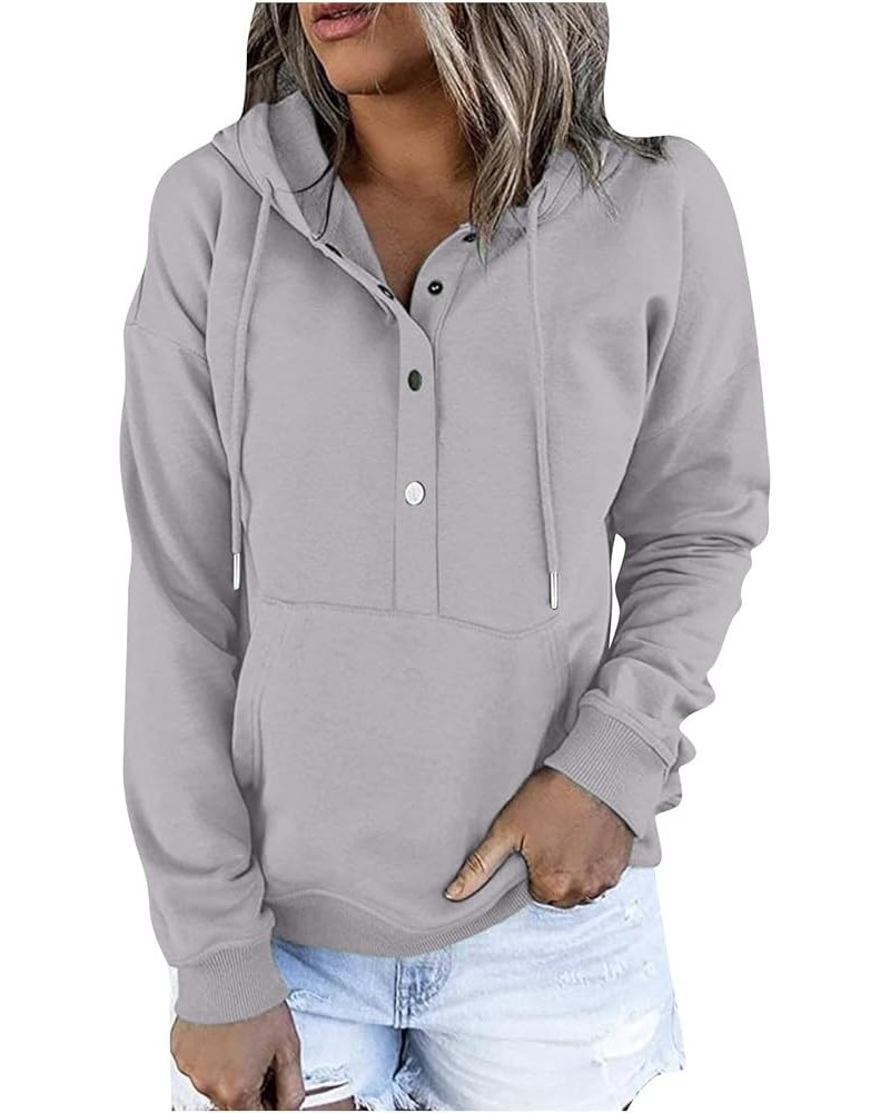 Womens Fall Fashion 2022 Loose Fit Hooded Sweatshirts Buttons/Quarter Zip Pullover Hoodies with Pocket Solid Color Tops A01_g...