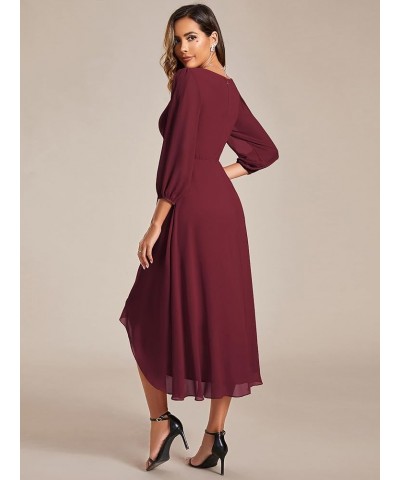 Women's Chiffon Spring V Neck Long Sleeves Pleated A-Line Midi Length Wedding Guest Dress 01926 Burgundy $29.24 Dresses