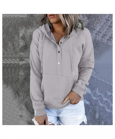 Womens Fall Fashion 2022 Loose Fit Hooded Sweatshirts Buttons/Quarter Zip Pullover Hoodies with Pocket Solid Color Tops A01_g...