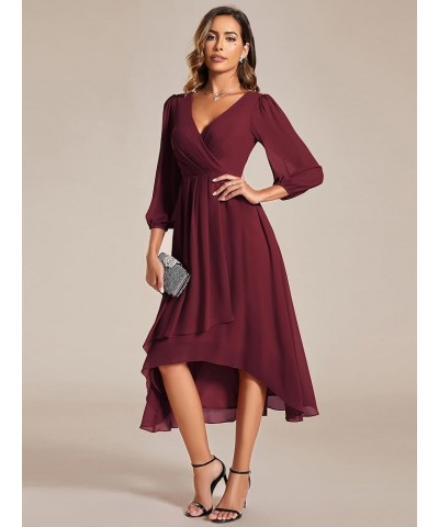 Women's Chiffon Spring V Neck Long Sleeves Pleated A-Line Midi Length Wedding Guest Dress 01926 Burgundy $29.24 Dresses