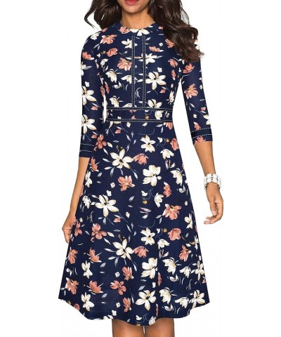 Women's Chic Crew Neck 3/4 Sleeve Party Homecoming Aline Dress A135 Dark Blue+floral $21.08 Dresses