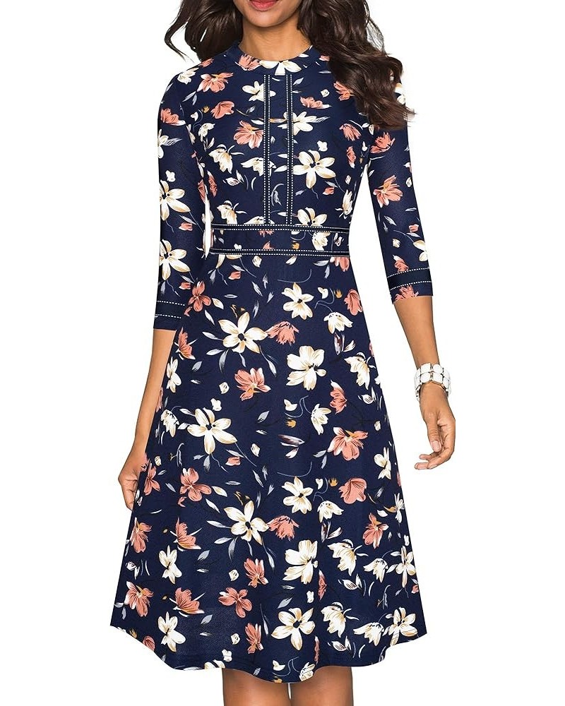 Women's Chic Crew Neck 3/4 Sleeve Party Homecoming Aline Dress A135 Dark Blue+floral $21.08 Dresses