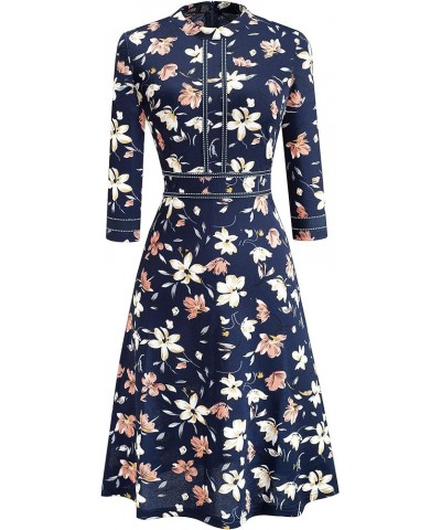 Women's Chic Crew Neck 3/4 Sleeve Party Homecoming Aline Dress A135 Dark Blue+floral $21.08 Dresses