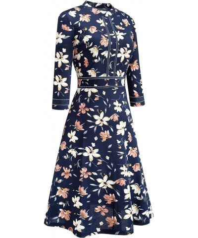 Women's Chic Crew Neck 3/4 Sleeve Party Homecoming Aline Dress A135 Dark Blue+floral $21.08 Dresses