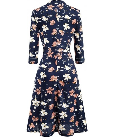 Women's Chic Crew Neck 3/4 Sleeve Party Homecoming Aline Dress A135 Dark Blue+floral $21.08 Dresses