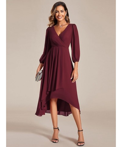 Women's Chiffon Spring V Neck Long Sleeves Pleated A-Line Midi Length Wedding Guest Dress 01926 Burgundy $29.24 Dresses