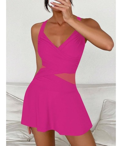 Women One Piece Swimsuits Crisscross Back Tummy Control Swim Dress Bathing Suit with See Through Mesh 0472-magenta $12.25 Swi...