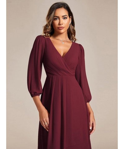 Women's Chiffon Spring V Neck Long Sleeves Pleated A-Line Midi Length Wedding Guest Dress 01926 Burgundy $29.24 Dresses