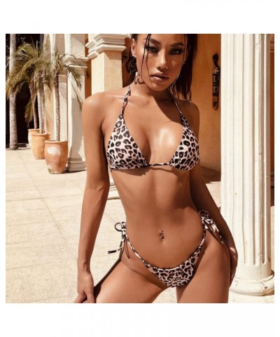 Women's 2 Piece Leopard Print Triangle Swimsuit Wireless Halter Bikini Set Tie Side Thong Swimsuit Multicolor $13.02 Swimsuits