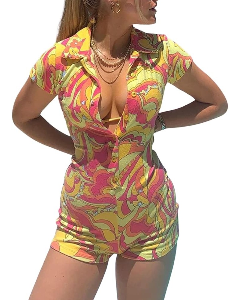 Women’s Y2K Bodycon Jumpsuit Sexy V-neck Romper Button Down One Piece Overalls Shorts E-girl 90s Pajamas Playsuit Colorful $9...