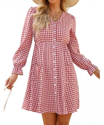 Women Summer Gingham Dress V Neck Short Sleeve Loose Pleated Sundress A Line Mini Dress with Pockets Long Sleeve-dust Red $11...