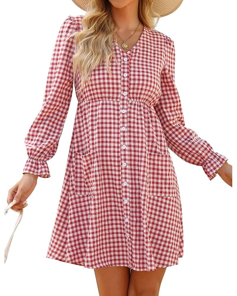 Women Summer Gingham Dress V Neck Short Sleeve Loose Pleated Sundress A Line Mini Dress with Pockets Long Sleeve-dust Red $11...