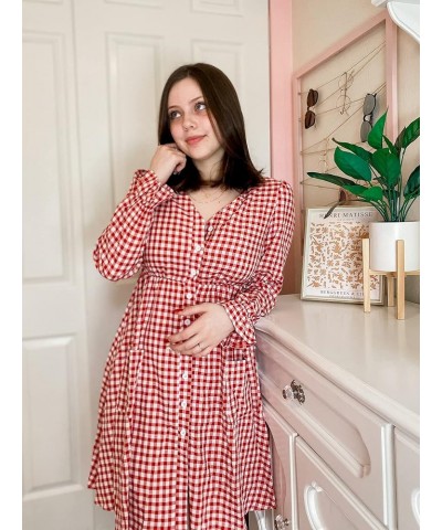 Women Summer Gingham Dress V Neck Short Sleeve Loose Pleated Sundress A Line Mini Dress with Pockets Long Sleeve-dust Red $11...