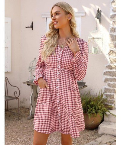 Women Summer Gingham Dress V Neck Short Sleeve Loose Pleated Sundress A Line Mini Dress with Pockets Long Sleeve-dust Red $11...