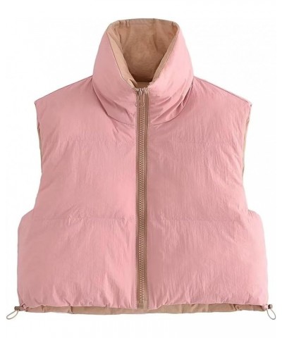 Women's Crop Puffer Vest Drawstring Full-Zip Reversible Puffy Vest Winter Waistcoat 03 Pink $10.19 Vests